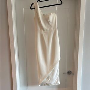 Dress the Population Cream Asymmetrical Ruched Sheath Dress